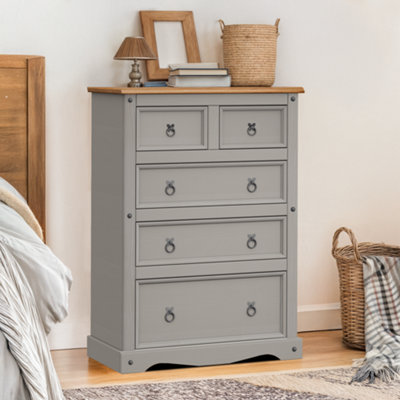 Mercers Furniture Corona Grey Wax Compact 2+3 Chest of 5 Drawers Solid Pine with Mexican Styling