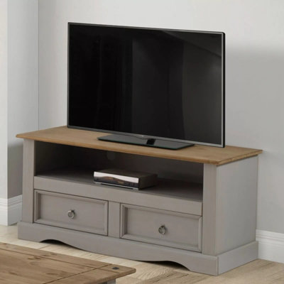 Mercers Furniture Corona Grey Wax Flat Screen TV Unit 2 Drawer Wide Cabinet Solid Pine with Mexican Styling