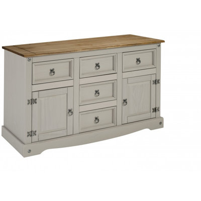 Mercers Furniture Corona Grey Wax Large 2 Door 5 Drawer Sideboard Solid Pine with Mexican Styling