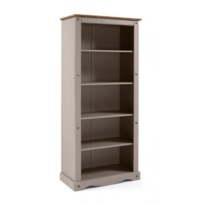 Mercers Furniture Corona Grey Wax Large Bookcase 5 Shelf Open Display Solid Pine with Mexican Styling