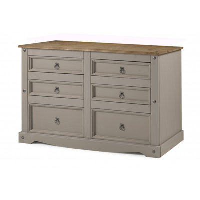 Mercers Furniture Corona Grey Wax Low 3+3 Wide Chest of 6 Drawers Solid Pine with Mexican Styling