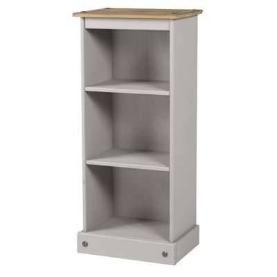 Mercers Furniture Corona Grey Wax Low Narrow Bookcase CD Open Storage Solid Pine with Mexican Styling