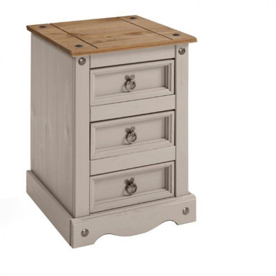 Mercers Furniture Corona Grey Wax Medium 3 Drawer Bedside Cabinet Table Chest Solid Pine with Mexican Styling