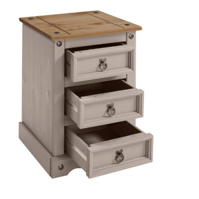 Mercers Furniture Corona Grey Wax Medium 3 Drawer Bedside Cabinet Table Chest Solid Pine with Mexican Styling
