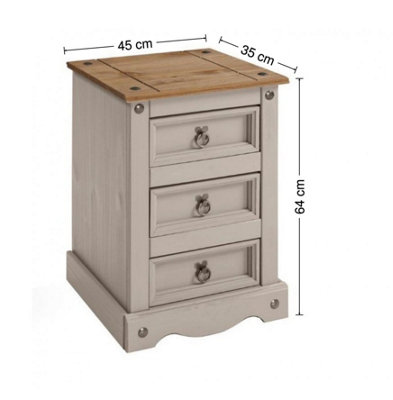 Mercers Furniture Corona Grey Wax Medium 3 Drawer Bedside Cabinet Table Chest Solid Pine with Mexican Styling