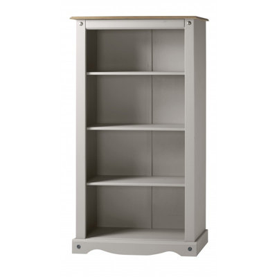 Mercers Furniture Corona Grey Wax Medium Bookcase Open Shelving Unit Solid Pine with Mexican Styling