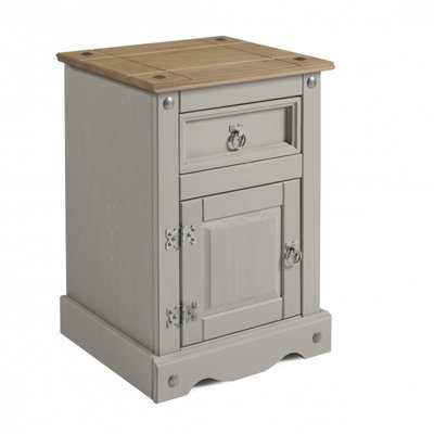 Mercers Furniture Corona Grey Wax Medium Pot Cupboard Bedside 1 Door 1 Drawer Cabinet Table Chest Solid Pine with Mexican Styling
