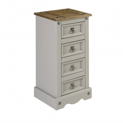 Mercers Furniture Corona Grey Wax Narrow 4 Drawer Bedside Cabinet Chest Table Solid Pine with Mexican Styling