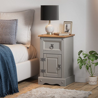Mercers Furniture Corona Grey Wax Narrow Pot Cupboard Bedside Cabinet 1 Door 1 Drawer Table Solid Pine with Mexican Styling