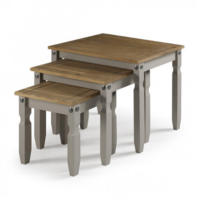Mercers Furniture Corona Grey Wax Nest of 3 Tables Side Occasional Stands Solid Pine with Mexican Styling