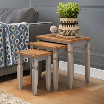 Mercers Furniture Corona Grey Wax Piccolo Nest of 3 Tables Side Occasional Stands Solid Pine with Mexican Styling