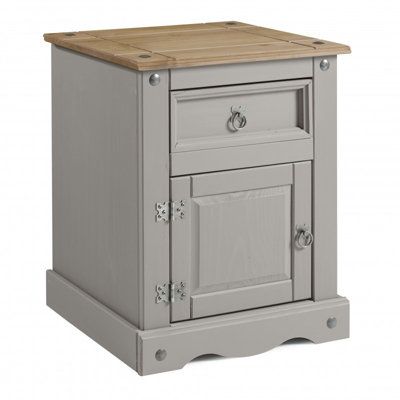 Mercers Furniture Corona Grey Wax Pot Cupboard Bedside Cabinet 1 Door 1 Drawer Unit Table Solid Pine with Mexican Styling