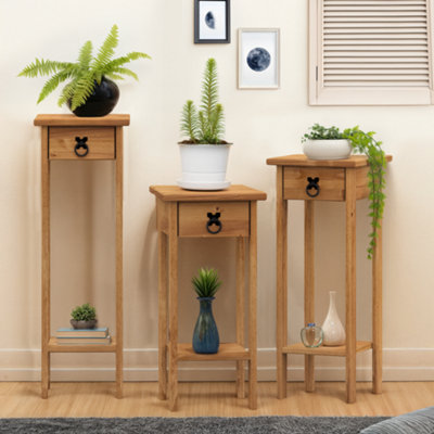 Mercers Furniture Corona Set of 3 Plant Stands 1 Drawer 1 Shelf Hallway Tables Solid Pine with Mexican Styling
