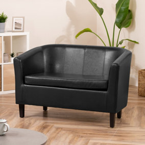 Meriden 112cm Wide Black PU Vegan Leather 2 Seat Tub Accent Sofa Supplied with Both Light and Dark Wooden Legs