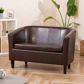 Meriden 112cm Wide Brown PU Vegan Leather 2 Seat Tub Accent Sofa Supplied with Both Light and Dark Wooden Legs