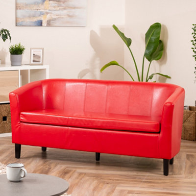 Meriden 156cm Wide Red PU Vegan Leather 3 Seat Tub Accent Sofa Supplied with Both Light and Dark Wooden Legs