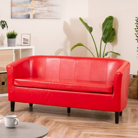 Meriden 156cm Wide Red PU Vegan Leather 3 Seat Tub Accent Sofa Supplied with Both Light and Dark Wooden Legs