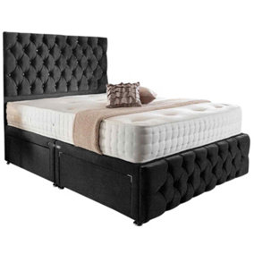 Merina Divan Bed Set with Tall Headboard and Mattress - Chenille Fabric, Black Color, 2 Drawers Left Side