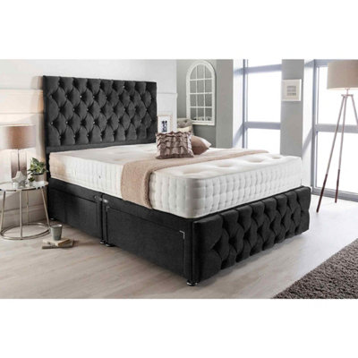 Merina Divan Bed Set with Tall Headboard and Mattress - Chenille Fabric, Black Color, Non Storage