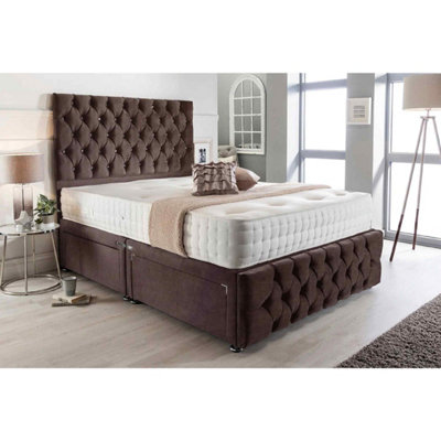 Merina Divan Bed Set with Tall Headboard and Mattress - Chenille Fabric, Brown Color, 2 Drawers Left Side