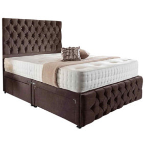 Merina Divan Bed Set with Tall Headboard and Mattress - Chenille Fabric, Brown Color, 2 Drawers Right Side