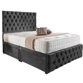 Merina Divan Bed Set with Tall Headboard and Mattress - Chenille Fabric, Charcoal Color, 2 Drawers Left Side