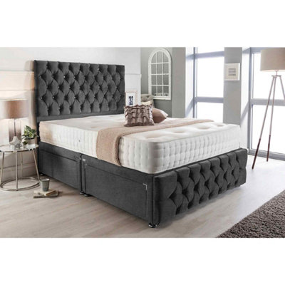 Merina Divan Bed Set with Tall Headboard and Mattress - Chenille Fabric, Charcoal Color, Non Storage