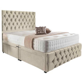 Merina Divan Bed Set with Tall Headboard and Mattress - Chenille Fabric, Cream Color, 2 Drawers Left Side
