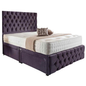 Merina Divan Bed Set with Tall Headboard and Mattress - Chenille Fabric, Purple Color, 2 Drawers Left Side