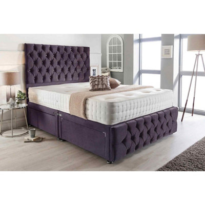 Merina Divan Bed Set with Tall Headboard and Mattress - Chenille Fabric, Purple Color, Non Storage