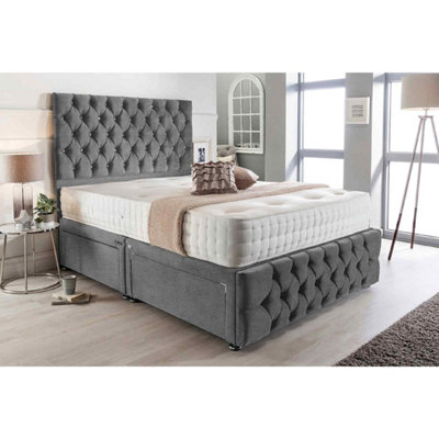 Merina Divan Bed Set with Tall Headboard and Mattress - Chenille Fabric, Silver Color, 2 Drawers Left Side
