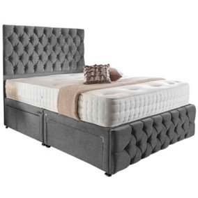 Merina Divan Bed Set with Tall Headboard and Mattress - Chenille Fabric, Silver Color, 2 Drawers Right Side