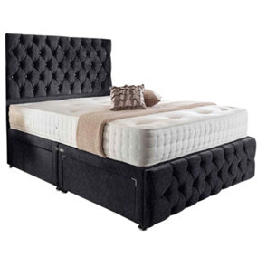 Merina Divan Bed Set with Tall Headboard and Mattress - Crushed Fabric, Black Color, 2 Drawers Left Side