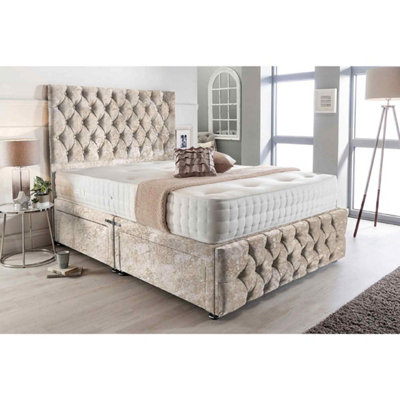 Merina Divan Bed Set with Tall Headboard and Mattress - Crushed Fabric, Cream Color, 2 Drawers Left Side