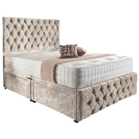 Merina Divan Bed Set with Tall Headboard and Mattress - Crushed Fabric, Cream Color, 2 Drawers Right Side