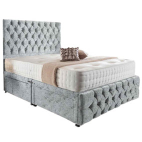 Merina Divan Bed Set with Tall Headboard and Mattress - Crushed Fabric, Silver Color, 2 Drawers Left Side