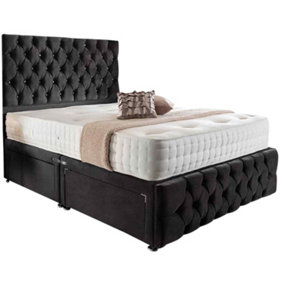 Merina Divan Bed Set with Tall Headboard and Mattress - Plush Fabric, Black Color, 2 Drawers Left Side