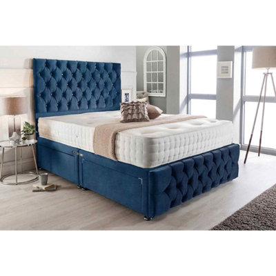 Merina Divan Bed Set with Tall Headboard and Mattress - Plush Fabric, Blue Color, 2 Drawers Left Side