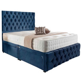 Merina Divan Bed Set with Tall Headboard and Mattress - Plush Fabric, Blue Color, 2 Drawers Left Side