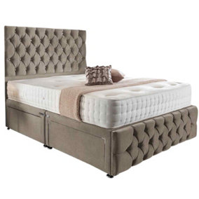 Merina Divan Bed Set with Tall Headboard and Mattress - Plush Fabric, Mink Color, 2 Drawers Left Side