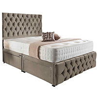 Merina Divan Bed Set with Tall Headboard and Mattress - Plush Fabric, Mink Color, Non Storage