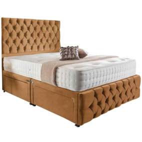Merina Divan Bed Set with Tall Headboard and Mattress - Plush Fabric, Mustard Color, 2 Drawers Left Side