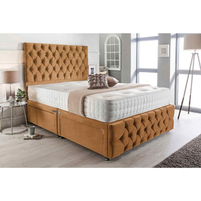 Merina Divan Bed Set with Tall Headboard and Mattress Plush Fabric Mustard Color 2 Drawers Left Side