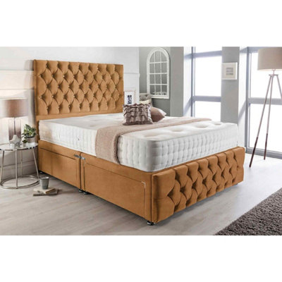 Merina Divan Bed Set with Tall Headboard and Mattress - Plush Fabric, Mustard Color, 2 Drawers Right Side