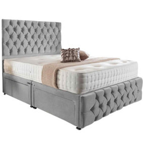 Merina Divan Bed Set with Tall Headboard and Mattress - Plush Fabric, Silver Color, 2 Drawers Left Side