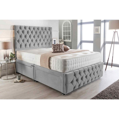 Merina Divan Bed Set with Tall Headboard and Mattress - Plush Fabric, Silver Color, 2 Drawers Right Side