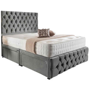 Merina Divan Bed Set with Tall Headboard and Mattress - Plush Fabric, Steel Color, 2 Drawers Left Side