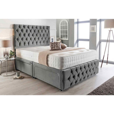 Merina Divan Bed Set with Tall Headboard and Mattress - Plush Fabric, Steel Color, 2 Drawers Left Side