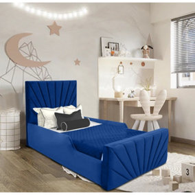 Merlin Kids Bed Gaslift Ottoman Plush Velvet with Safety Siderails- Blue