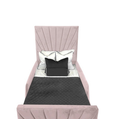 Merlin Kids Bed Gaslift Ottoman Plush Velvet with Safety Siderails- Pink